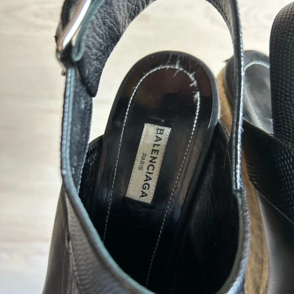 Balenciaga Black Leather Espadrille Wedge Sandals Size 10